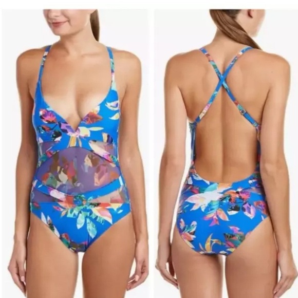 La Blanca Havana Tropics One-Piece Swimsuit Convertible Straps Blue Sz 12 - Picture 1 of 7